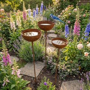 Pode incluir: Três bebedouros de metal enferrujado, com acabamento castanho, erguem-se num jardim florido. Um gaio-azul empoleira-se num deles. Os bebedouros estão sobre longos caules. O jardim é adornado com digitalis e rosas.