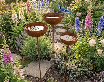 Rustic Metal Garden Stake Bird Bath Set – 3 Piece Outdoor Yard Decor, Handmade Garden Stakes, Bird Bath Ornament, Gift for Garden Lovers