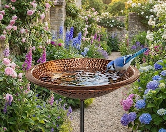 Hammered Copper Bird Bath with Stand – Freestanding Outdoor Bird Feeder Bowl, Weatherproof Garden Decor, Rustic Patio Yard Ornament