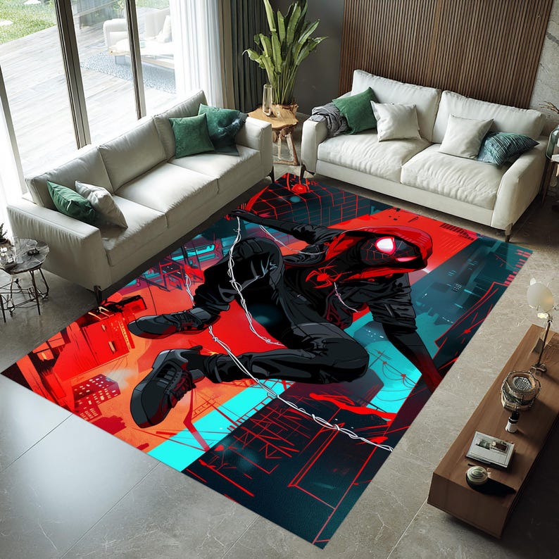 May include: A rectangular area rug featuring a superhero in a dynamic pose. The rug's design incorporates a vibrant color palette of red, black, and blue, with a cityscape backdrop. The superhero is depicted in a black suit with red accents.