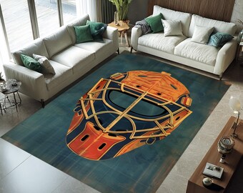 Vintage Hockey Goalie Mask Rug Retro Sports Area Rug Blue Orange Athletic Bedroom Decor