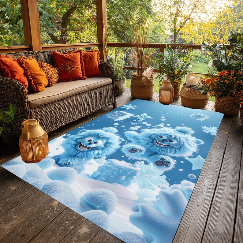 Blue Monster Snow Creature Kids Rug, Winter Nursery Carpet, Kawaii ...