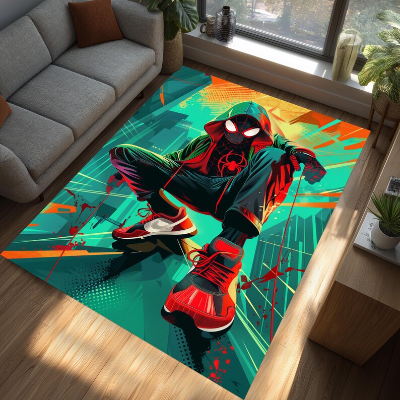May include: A rectangular area rug featuring a stylized illustration of a superhero in a dynamic pose. The rug showcases a vibrant color palette of teal, red, black, and orange. The superhero is wearing a red and black suit with a hood, and red sneakers.