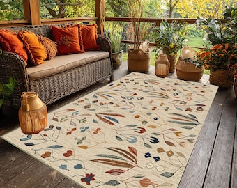 Dywan botaniczny kilim, dywan w stylu folk art floral, neutralny dywan boho do salonu
