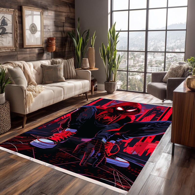 May include: A rectangular area rug featuring a comic book style illustration of a superhero in a black and red suit. The rug has a black background with red cityscapes and the superhero's red eyes and sneakers are prominent.