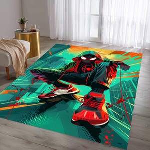 May include: A rectangular area rug featuring a vibrant illustration of a superhero in a dynamic pose. The rug showcases a color palette of teal, orange, and red, with the superhero's attire and shoes prominently displayed. The design incorporates graphic elements.