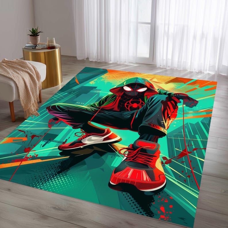 May include: A rectangular area rug featuring a vibrant illustration of a superhero in a dynamic pose. The rug showcases a color palette of teal, orange, and red, with the superhero's attire and shoes prominently displayed. The design incorporates graphic elements.