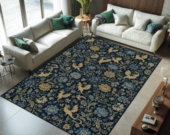 Drachen Blumenteppich, Gothic Botanischer Teppich, Fantasy Cottagecore Dekor, Blau Gold Teppich