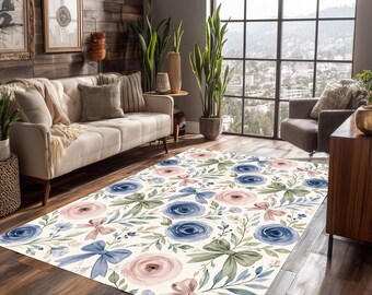 Watercolor Floral Bow Rug, Blue Pink Flower Area Rug, Cottagecore Botanical Nursery Decor
