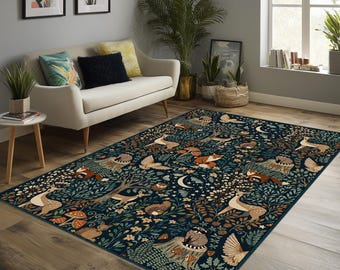Waldtiere Teppich Waldtiere, Wollteppich, Rehe, Fuchs, Eule, Natur, Kinderzimmer