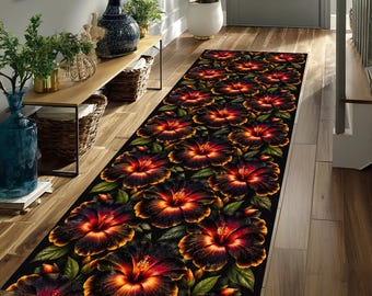 Dywan Midnight Hibiscus Runner, czarny dywanik kwiatowy do przedpokoju, gotycki, botaniczny wystrój dywanu