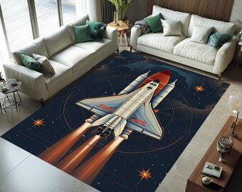 Space Rocket Launch Rug, Galaxy Spaceship Carpet, Cosmic Kids Room Decor Area Mat