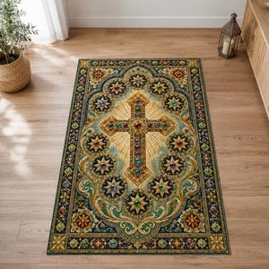 May include: A rectangular area rug featuring a central ornate cross design surrounded by multiple star motifs. The rug displays a rich colour palette of gold, deep blue, green, and red, with intricate filigree patterns and jewel-like accents.