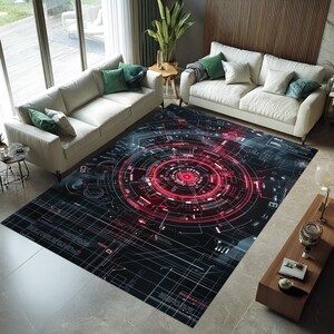 May include: A rectangular area rug with a futuristic, tech-inspired design. The rug features a black background with a red and blue circular pattern in the center, resembling a circuit board or digital interface. The rug is placed in a living room setting.