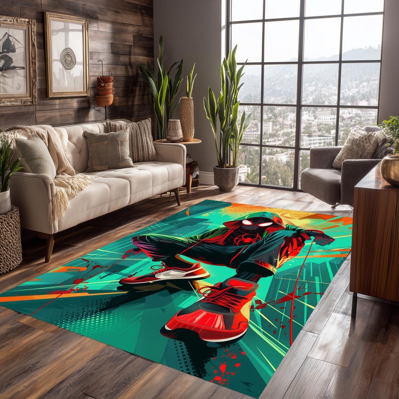 May include: A rectangular area rug featuring a superhero graphic in shades of red, black, green, and orange. The rug depicts a character in a dynamic pose, set against an abstract cityscape background. The rug is placed on a wooden floor.