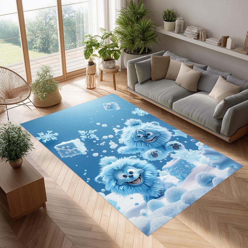 Blue Monster Snow Creature Kids Rug, Winter Nursery Carpet, Kawaii ...