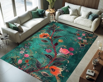 Dywan w kwiaty w kolorze turkusowym, styl vintage, botaniczny, wystrój cottagecore, delikatne odcienie