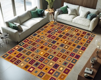 Geometrischer Patchwork Teppich, Abstrakter Gitterteppich, Moderne Beige Blaue Terrakotta Bodendekoration