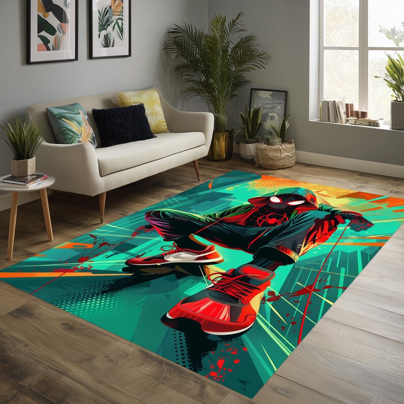 May include: A rectangular area rug featuring a vibrant illustration of a superhero in a dynamic pose. The rug showcases a vivid color palette of teal, red, and orange, with a geometric background. The superhero is wearing a red and black suit and red sneakers.
