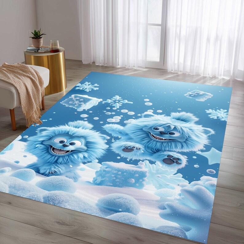 Blue Monster Snow Creature Kids Rug, Winter Nursery Carpet, Kawaii ...