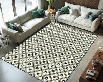 Moroccan Tile Area Rug, Blue Floral Geometric Carpet, Vintage Mediterranean Floor Decor Design