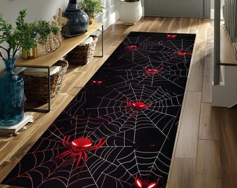 Dywan Spider Web Runner w kolorze czerwonym, świecący pająk, dywan do korytarza w stylu gotyckim, wystrój do gier