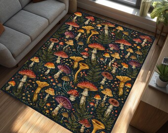 Dywan z motywem grzybów leśnych, dywan z motywem botanicznym, dywan Cottagecore Nature Decor