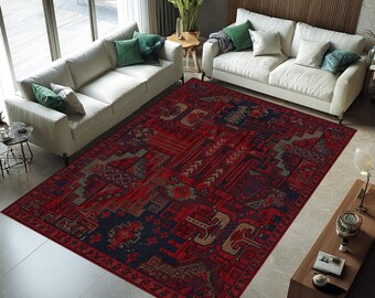 Roter Tribal Teppich, Geometrisches Muster Teppich, Südwestlichen Dekor, Vintage Inspirierter Wohnzimmer Teppich