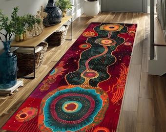 Abstrakcyjny dywanik z kropkami, dywanik w stylu boho tribal do przedpokoju, kolorowy, nowoczesny dywan