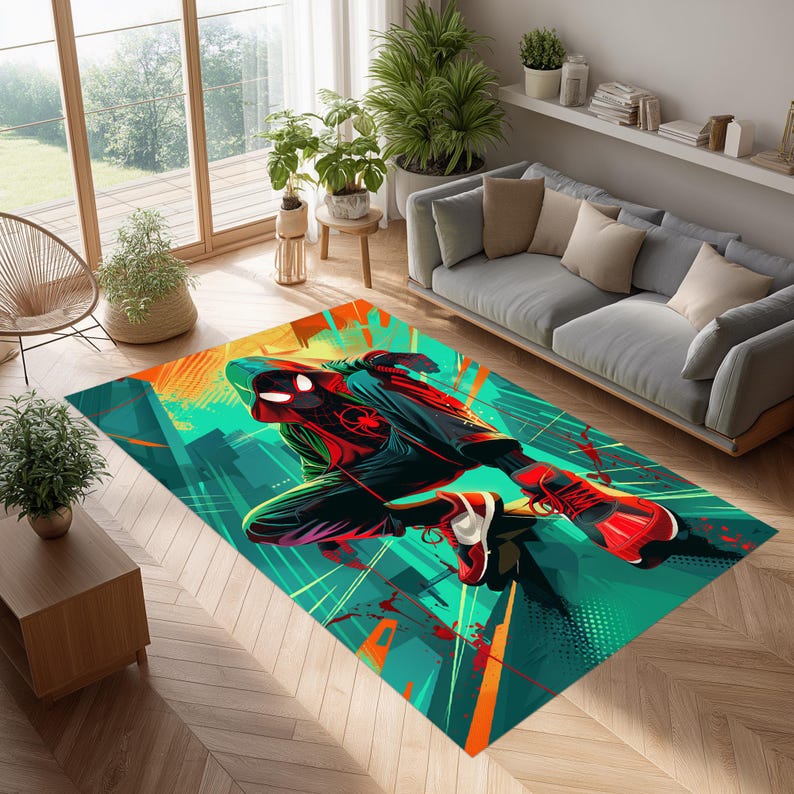 May include: A rectangular area rug featuring a dynamic illustration of a superhero in a red and black suit, set against a backdrop of teal and orange cityscapes. The rug is placed on a wooden floor in a living room setting.
