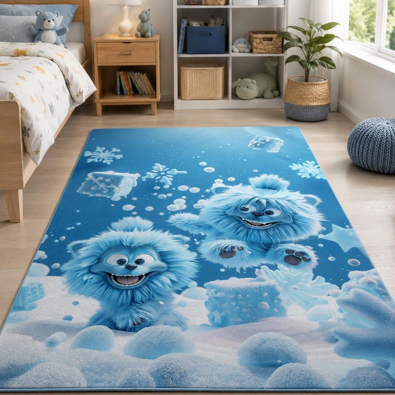 Blue Monster Snow Creature Kids Rug, Winter Nursery Carpet, Kawaii ...
