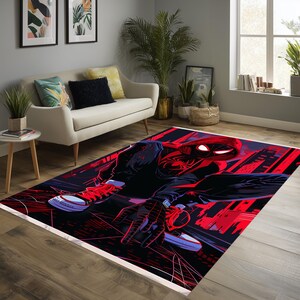May include: A rectangular area rug featuring a comic book style illustration of a superhero in a red and black suit. The rug has a white border and is set in a room with a sofa, plants, and a window.