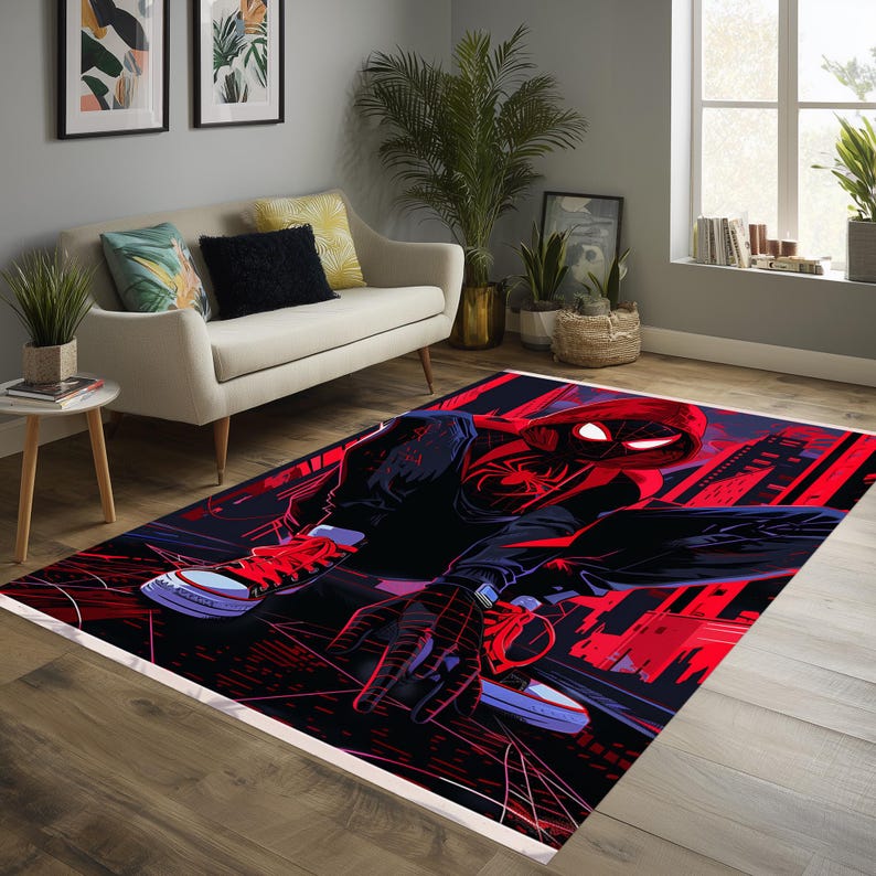 May include: A rectangular area rug featuring a comic book style illustration of a superhero in a red and black suit. The rug has a white border and is set in a room with a sofa, plants, and a window.