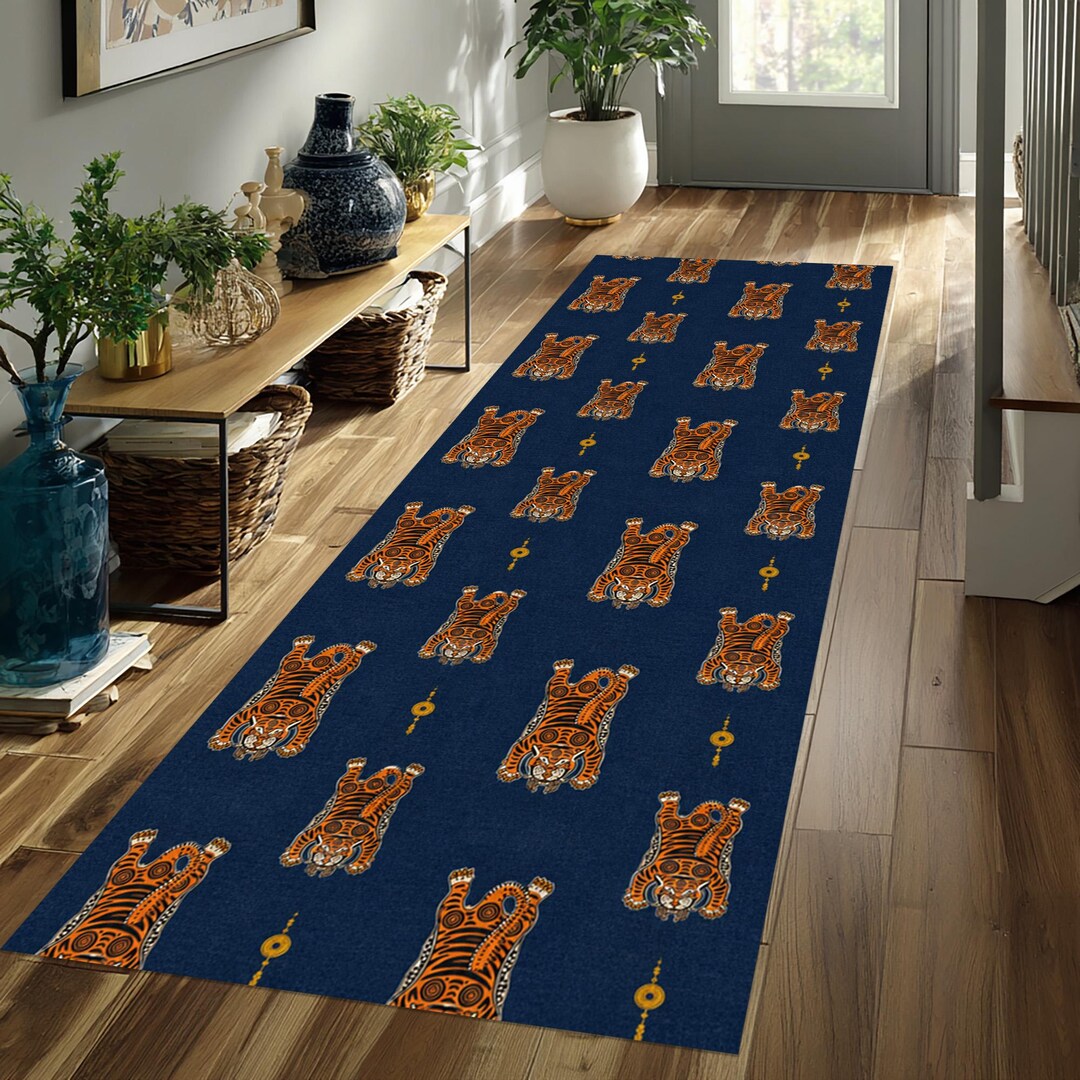 Tiger Pelt Pattern Runner Rug Navy Blue Hallway Carpet Tribal Animal ...