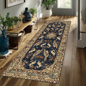 May include: A long, rectangular rug with a dark blue field and a detailed border. The rug features a central design with stylized animals in cream, brown, and tan. The border incorporates shades of green, beige, and brown, creating a classic, decorative look.