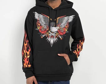 Eagle Flame-hoodie heren – Gothic streetwear-trui, sweater in bikerstijl