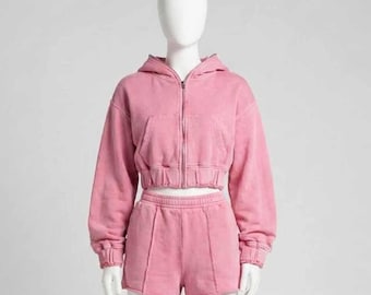 Rosafarbener kurzer Hoodie & Shorts Set für Frauen, gemütliches Lounge-Set, Hoodie-Outfit mit Reißverschluss, passende Sweat-Shorts, niedlicher Y2K Trainingsanzug, Geschenk für sie