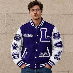 Custom Purple Varsity Jacket Women, Personalized Letterman Jacket, Chenille Patches, School Spirit Jacket, Cheer Track Class 2027 Gift