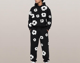 Schwarzer Blumen Hoodie Trainingsanzug Set Damen - Trendy Blumen Print Sweatshirt Jogger Loungewear