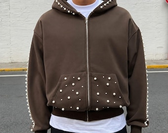 Perle verschönerte brauner Reißverschluss Hoodie, übergroßer Strass Hoodie, Kokette Ästhetik Sweatshirt Unisex Streetwear Jacke Pearl Stud Hoodie