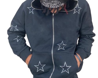 Schwarzer Zip-Hoodie mit Strass-Sternen – Y2K Streetwear Jacke