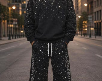 Strass Trainingsanzug Männer glitzernder schwarzer Hoodie und Jogginghose Set Y2K Sternennacht Loungewear Kristall Verschönerte Streetwear UniqueStyle Wear