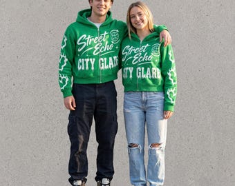 Grüner Reißverschluss Hoodie, Y2K Streetwear Hoodie, Flammenärmel Grafik Hoodie, übergroße Urban Fashion Jacke, Unisex Full-Zip-Sweatshirt