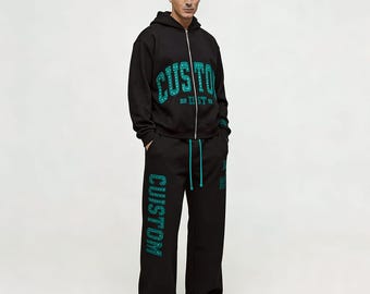 Maßgeschneiderter schwarzer Trainingsanzug Set - Personalisierter Hoodie & Jogginghose - Streetwear Jogger Anzug