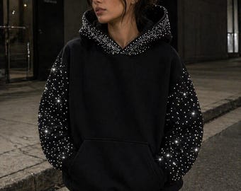 Sweat à capuche noir strass scintillant Y2K sweat à capuche esthétique pull à manches scintillantes à la mode sweat à capuche surdimensionné Streetwear sweat-shirt pour femme cadeau confortable