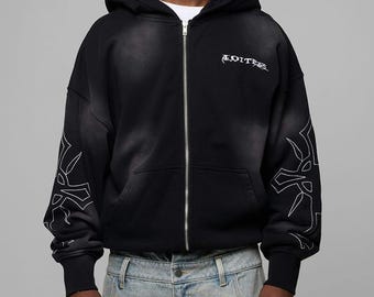 Schwarzer Gothic Zip Up Hoodie, Übergroßer Streetwear Hoodie Y2K Grunge Sweatshirt Grafikärmel Hoodie Unisex Full-Zip-Jacke Alternative