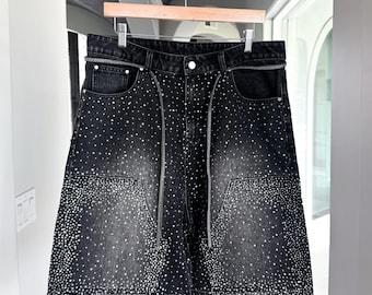 Black Rhinestone Denim Shorts – High Waist Crystal Studded Y2K Festival Outfit
