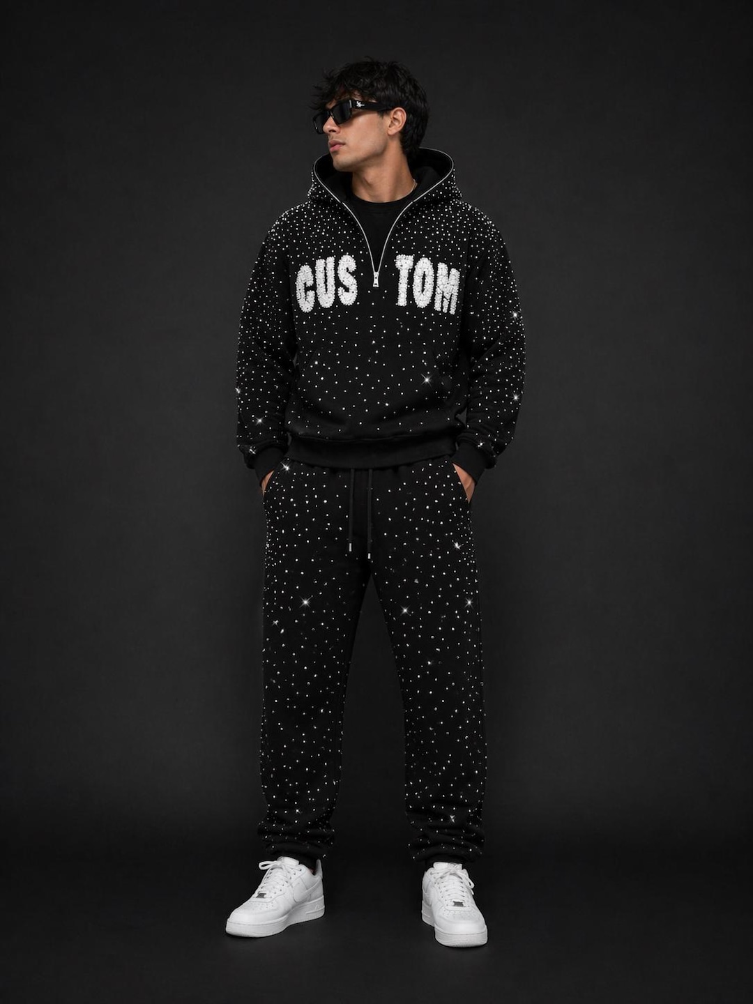 Custom Rhinestone Tracksuit Set – Black Sparkle Hoodie and Joggers ...