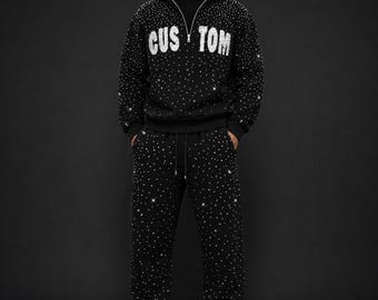 Personalisierter Strass Trainingsanzug – Schwarzer Hoodie und Jogger – Streetwear Outfit