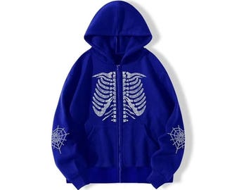 Blauer Strass Skelett Zip Hoodie, Gothic Spinnennetz Ärmel Streetwear Jacke